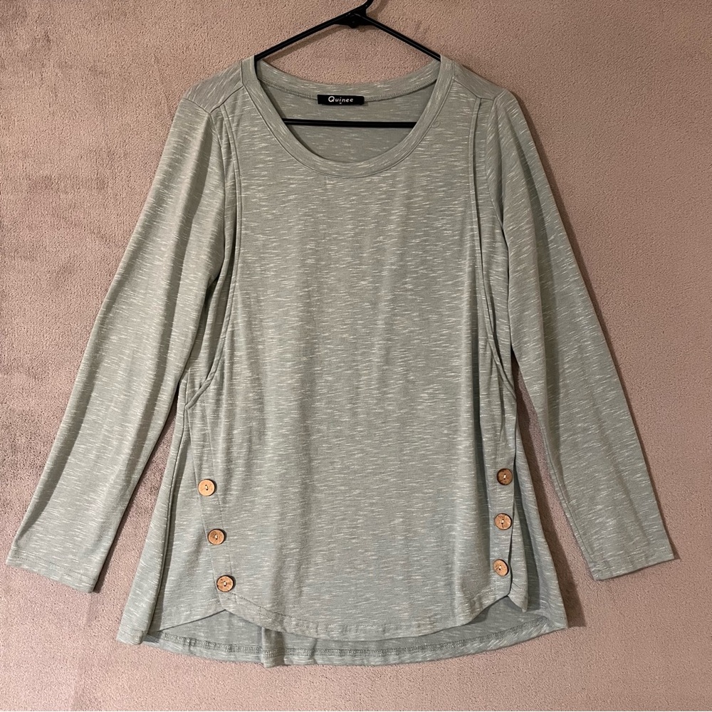 QUINCE Light Green Long Sleeve Tunic Top Button Design Detail Womens Medium